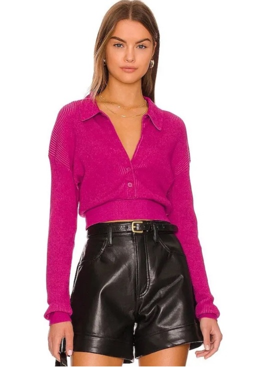 Monrow Sweaters - Monrow Twotone Rib Polo Top in Raspberry Rose Color size Medium